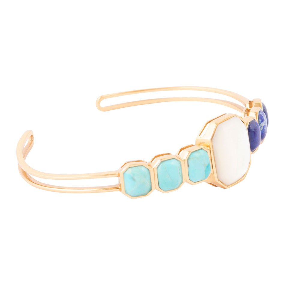 Dual Color Blue Lapis Turquoise and White Mother of Pearl Golden Cuff Bracelet by Barse Jewelry
