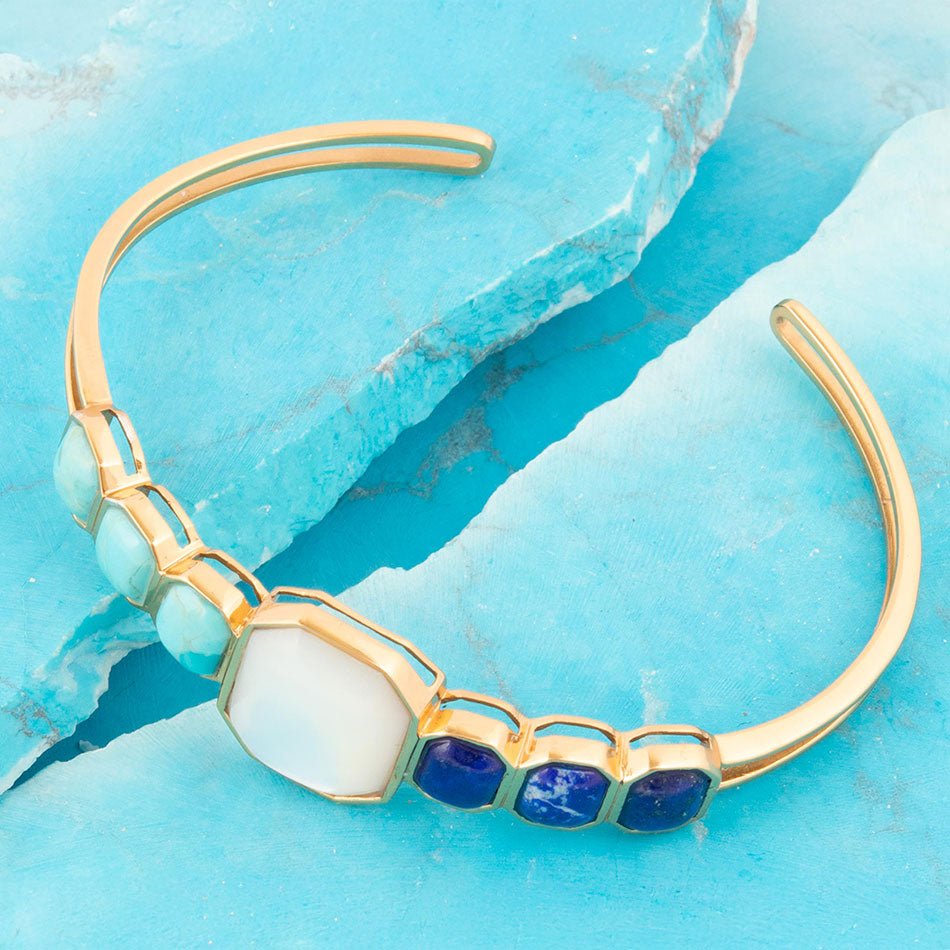 Dual Color Blue Lapis Turquoise and White Mother of Pearl Golden Cuff Bracelet detail view by Barse Jewelry