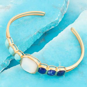 Dual Color Blue Lapis Turquoise and White Mother of Pearl Golden Cuff Bracelet detail view by Barse Jewelry