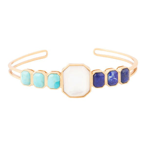 Dual Color Blue Lapis Turquoise and White Mother of Pearl Golden Cuff Bracelet detail view by Barse Jewelry