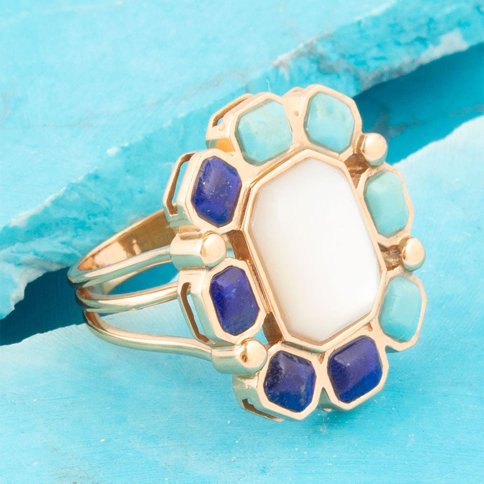 Dual Color Blue Lapis Turquoise and White Mother of Pearl Golden Ring detail view by Barse Jewelry