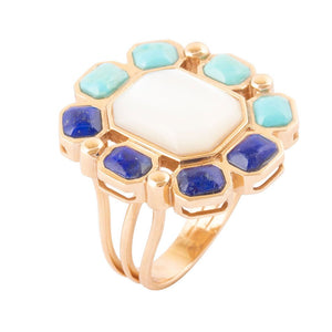 Dual Color Blue Lapis Turquoise and White Mother of Pearl Golden Ring by Barse Jewelry