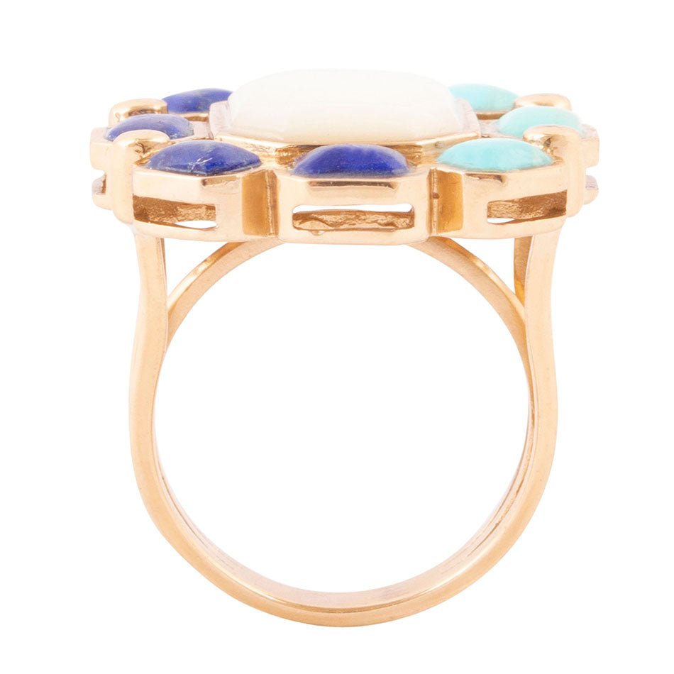 Dual Color Blue Lapis Turquoise and White Mother of Pearl Golden Ring detail view by Barse Jewelry