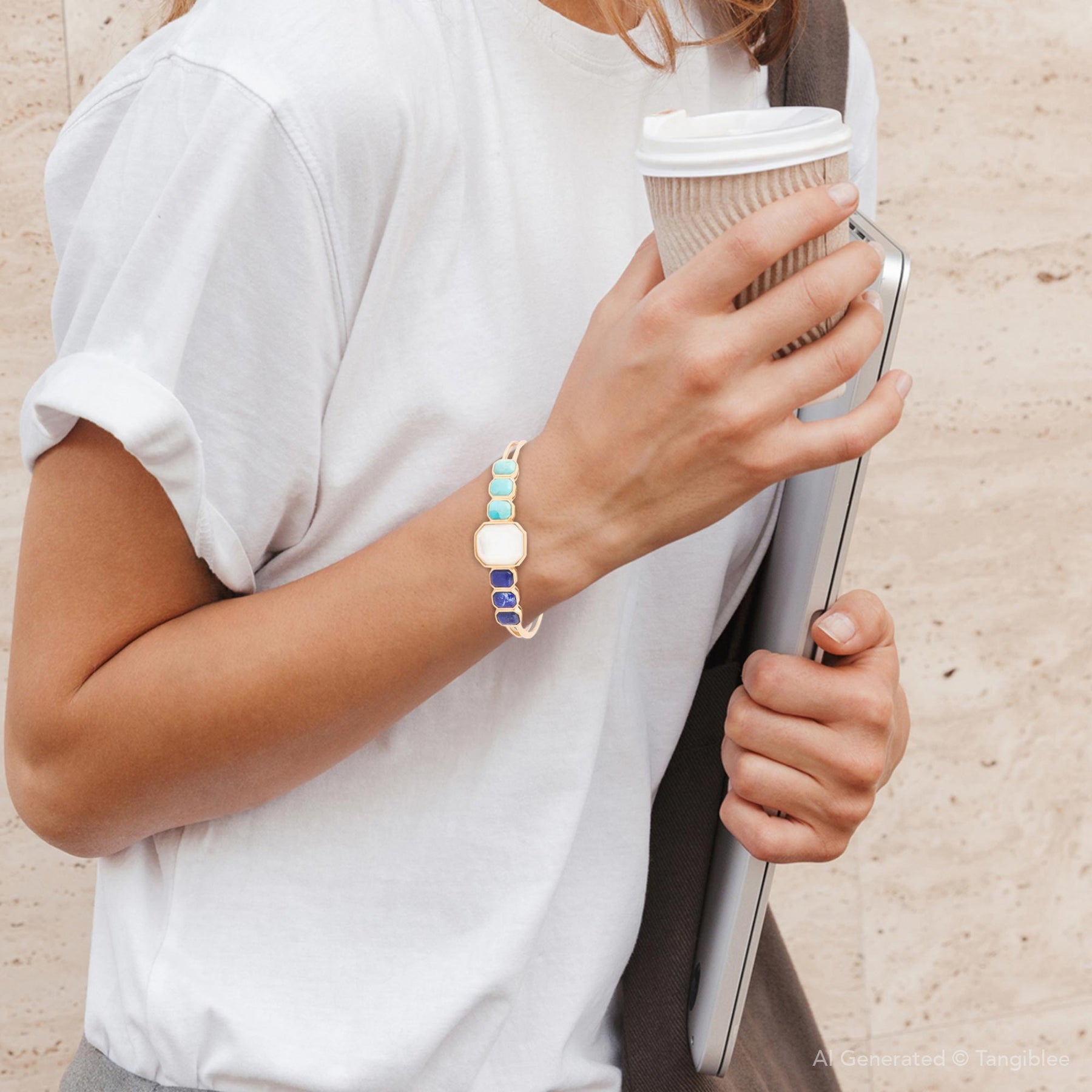 Dual Color Blue Lapis Turquoise and White Mother of Pearl Golden Cuff Bracelet detail view by Barse Jewelry