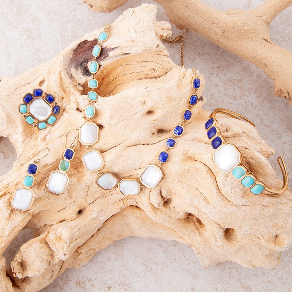 Dual Color Blue Lapis Turquoise and White Mother of Pearl Golden Ring detail view by Barse Jewelry