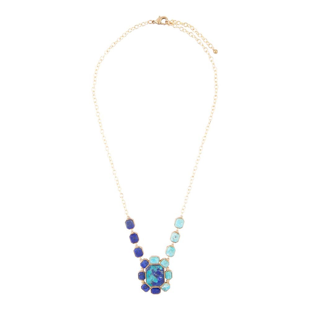 Duality Blue Lapis and Turquoise Golden Pendant Necklace detail view by Barse Jewelry