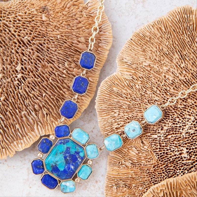 Duality Blue Lapis and Turquoise Golden Pendant Necklace detail view by Barse Jewelry