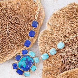 Duality Blue Lapis and Turquoise Golden Pendant Necklace detail view by Barse Jewelry