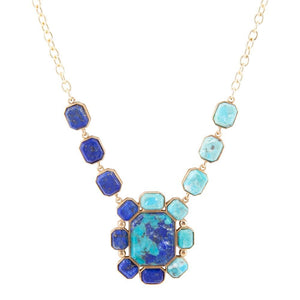 Duality Blue Lapis and Turquoise Golden Pendant Necklace by Barse Jewelry