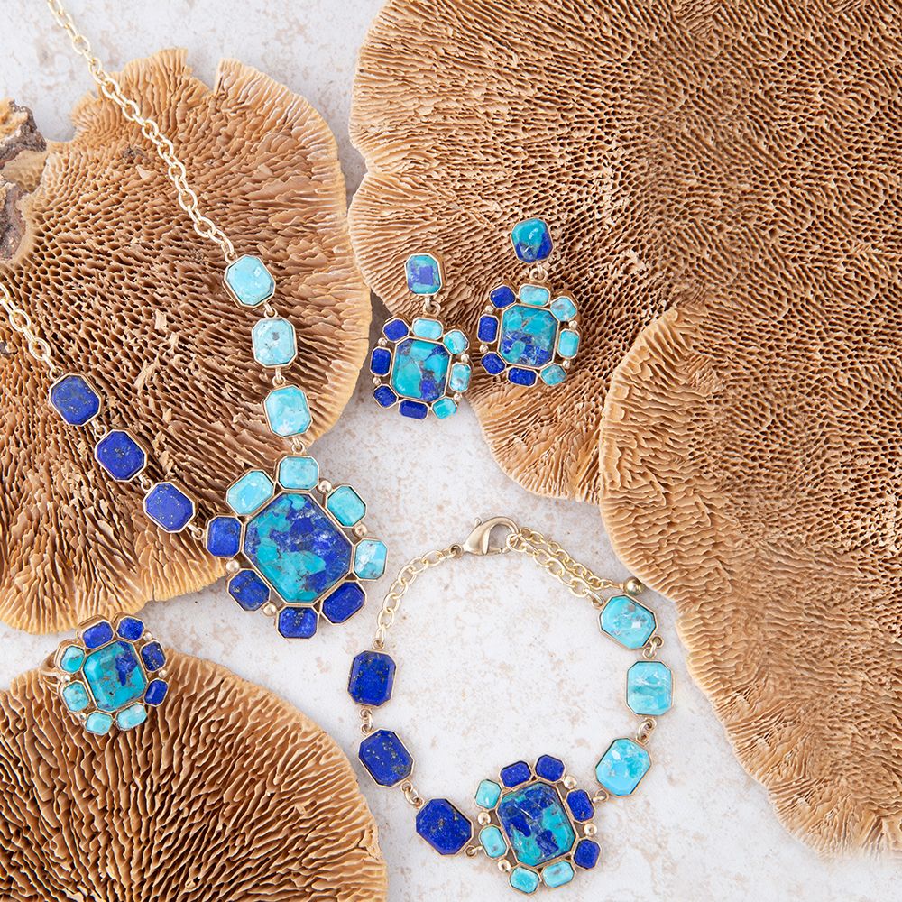 Duality Blue Lapis and Turquoise Golden Pendant Necklace detail view by Barse Jewelry