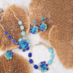 Duality Blue Lapis and Turquoise Golden Pendant Necklace detail view by Barse Jewelry