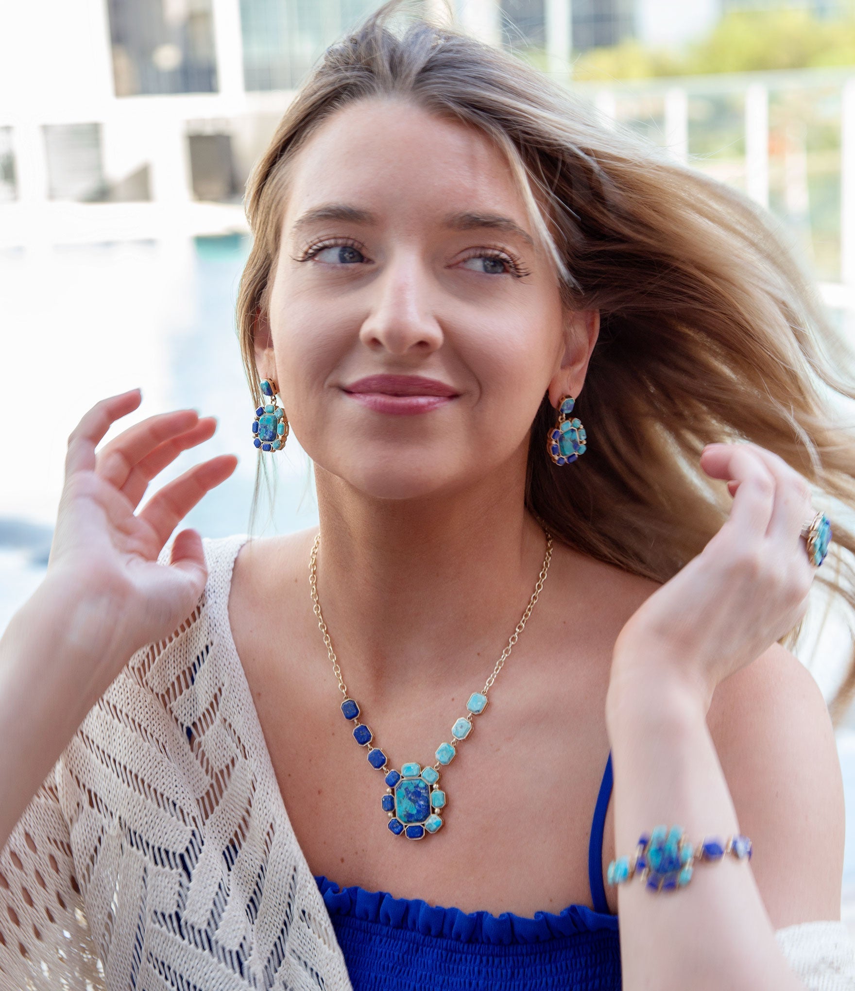 Duality Blue Lapis and Turquoise Golden Statement Ring detail view by Barse Jewelry