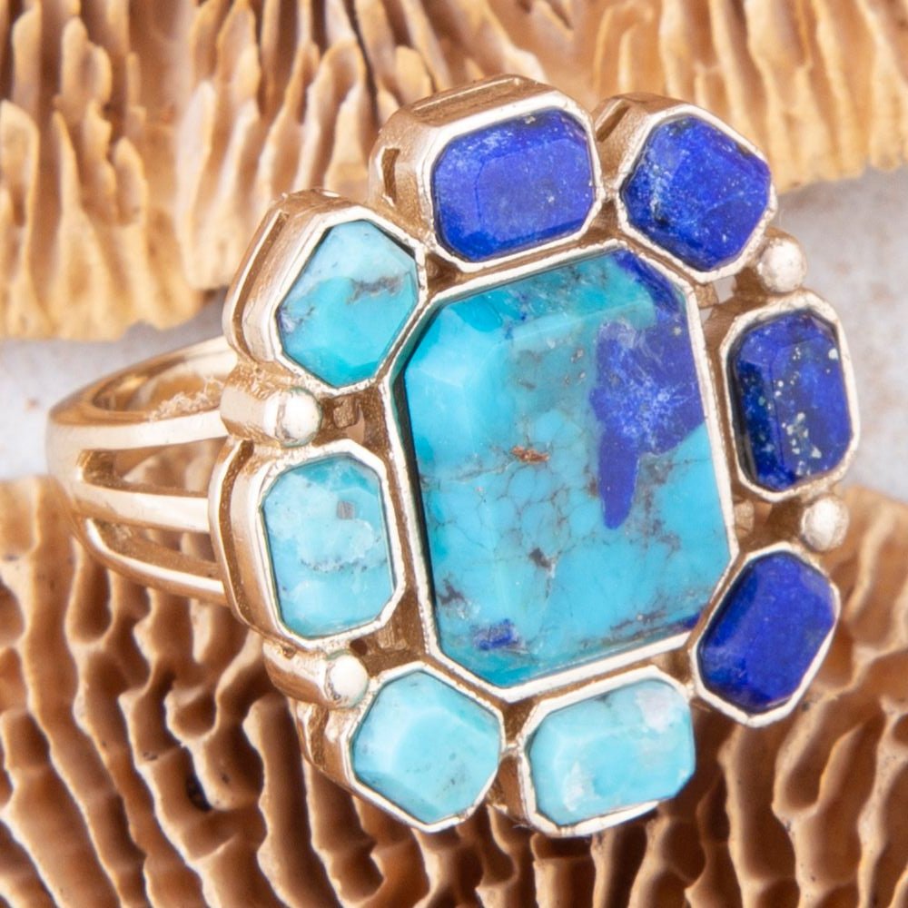 Duality Blue Lapis and Turquoise Golden Statement Ring detail view by Barse Jewelry