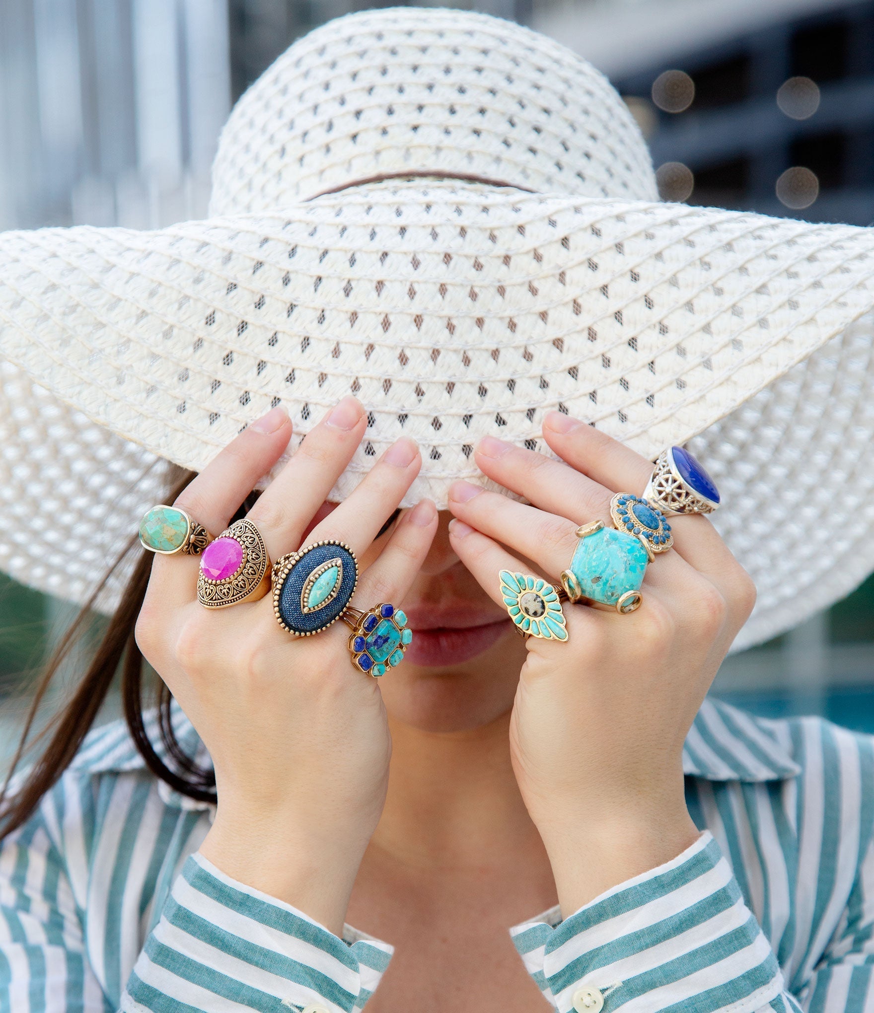Duality Blue Lapis and Turquoise Golden Statement Ring detail view by Barse Jewelry