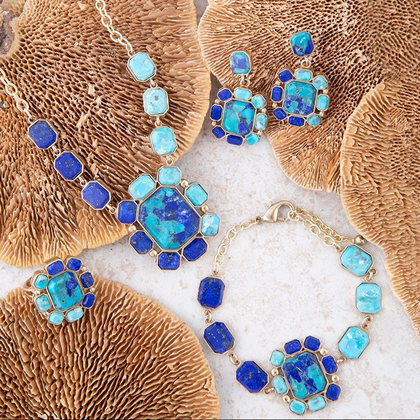 Duality Blue Lapis and Turquoise Golden Statement Ring detail view by Barse Jewelry
