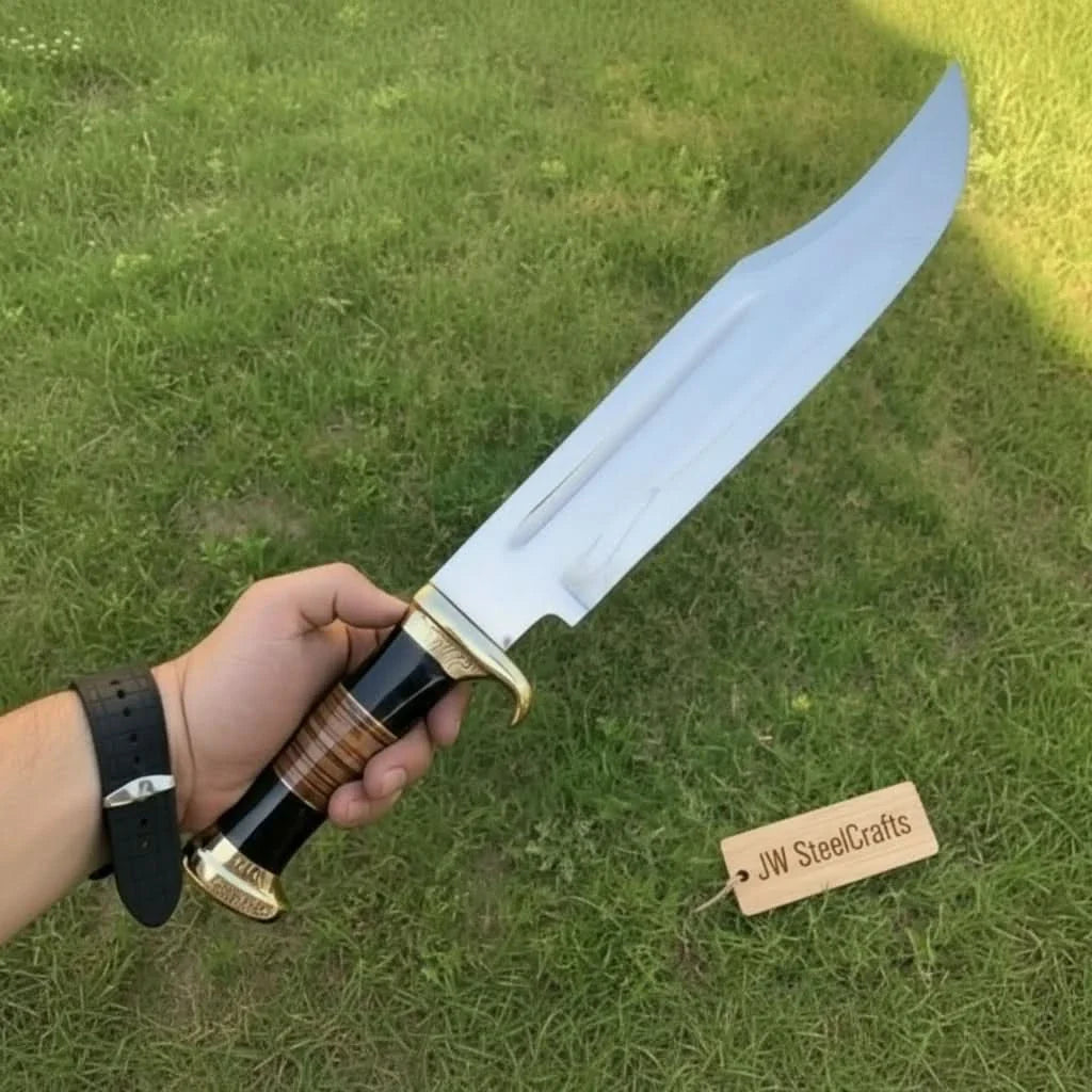 Dundee Clip Point Bowie Knife – Handmade 17 Inch Frontier Blade, Damascus or High Polish Steel | JW SteelCrafts by JW SteelCrafts, Damascus knife detail photo 3