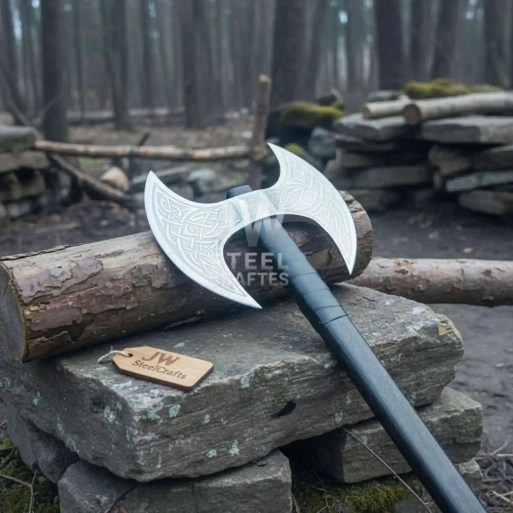 Custom Handmade Double-Headed Viking Axe with Nordic Knotwork Engravings and Cord-Wrapped Handle detail view by JW