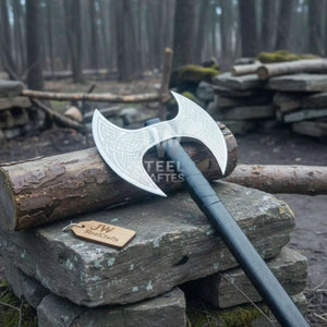 Custom Handmade Double-Headed Viking Axe with Nordic Knotwork Engravings and Cord-Wrapped Handle detail view by JW