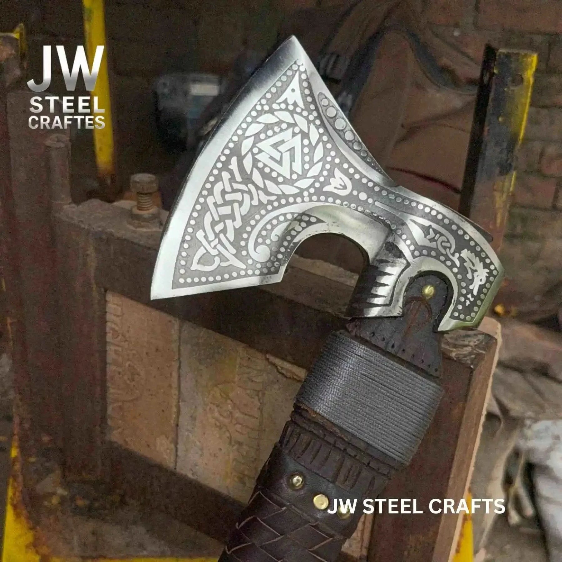 Viking Style Engraved Axe | Handcrafted Leather Wrapped Handle by JW SteelCrafts, handmade axe detail photo 14