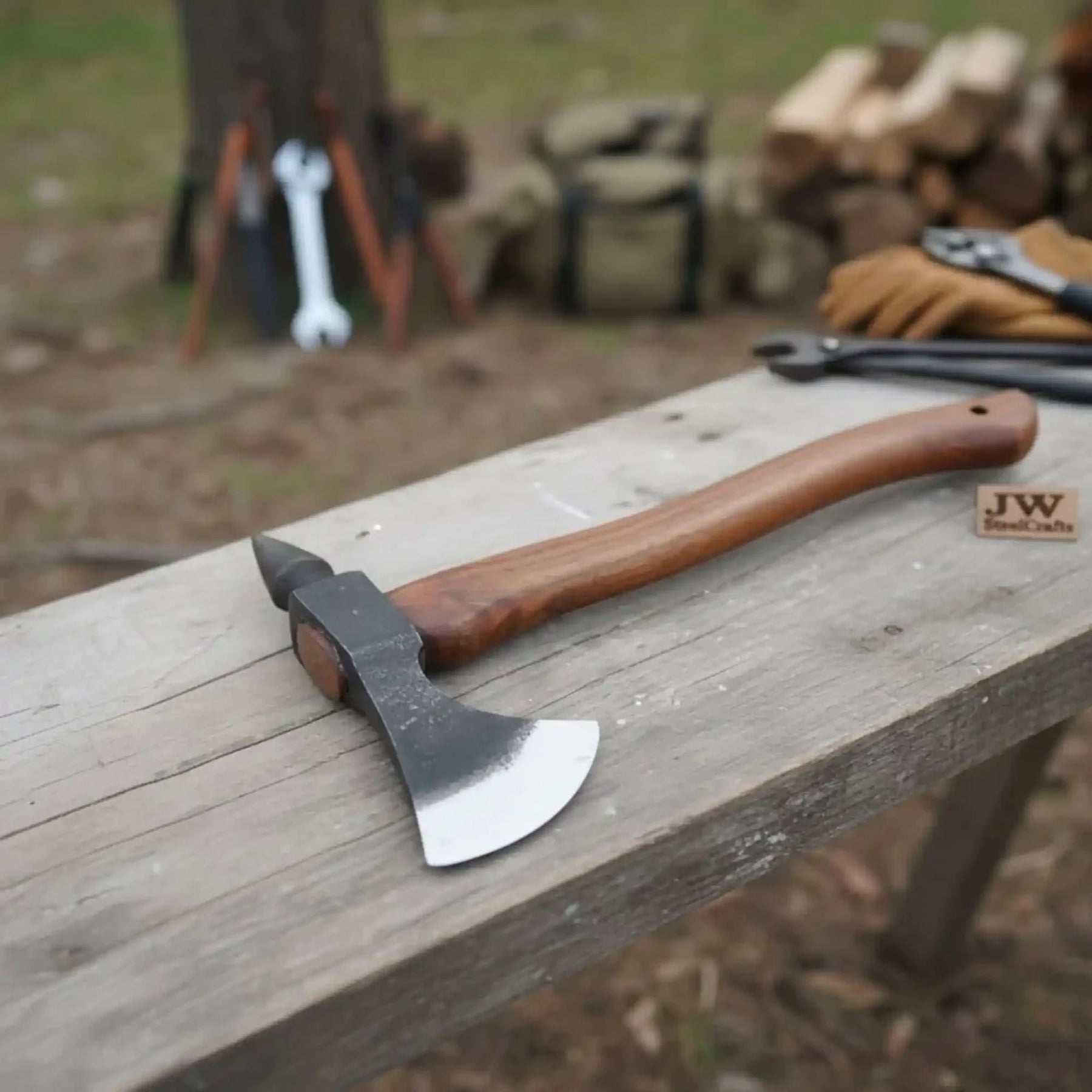 Hand-Forged Bearded Spike Poll Bushcraft Axe with Hardwood Handle by JW SteelCrafts, handmade axe main product photo