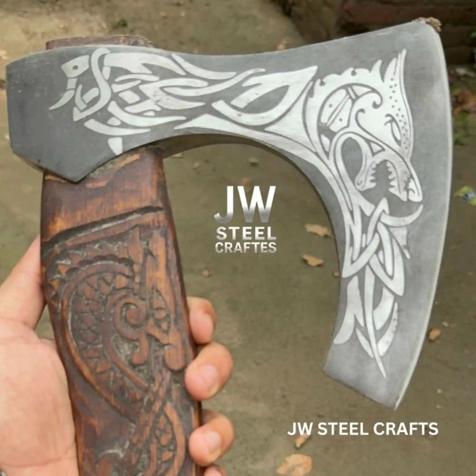Hand-Engraved Viking Bearded Axe with Carved Hardwood Handle – Damascus Steel Blade | JW SteelCrafts by JW SteelCrafts, Southern lifestyle apparel detail photo 2