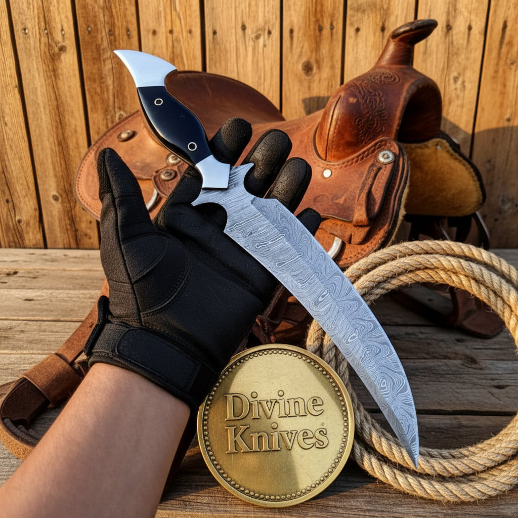 Hooked Guard Skinner Dagger with Black Handle and Long Patterned Blade by Divine Knives