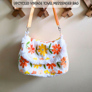 Upcycled Vintage Towel Crossbody Bag, Floral Messenger Bag, Adjustable Strap