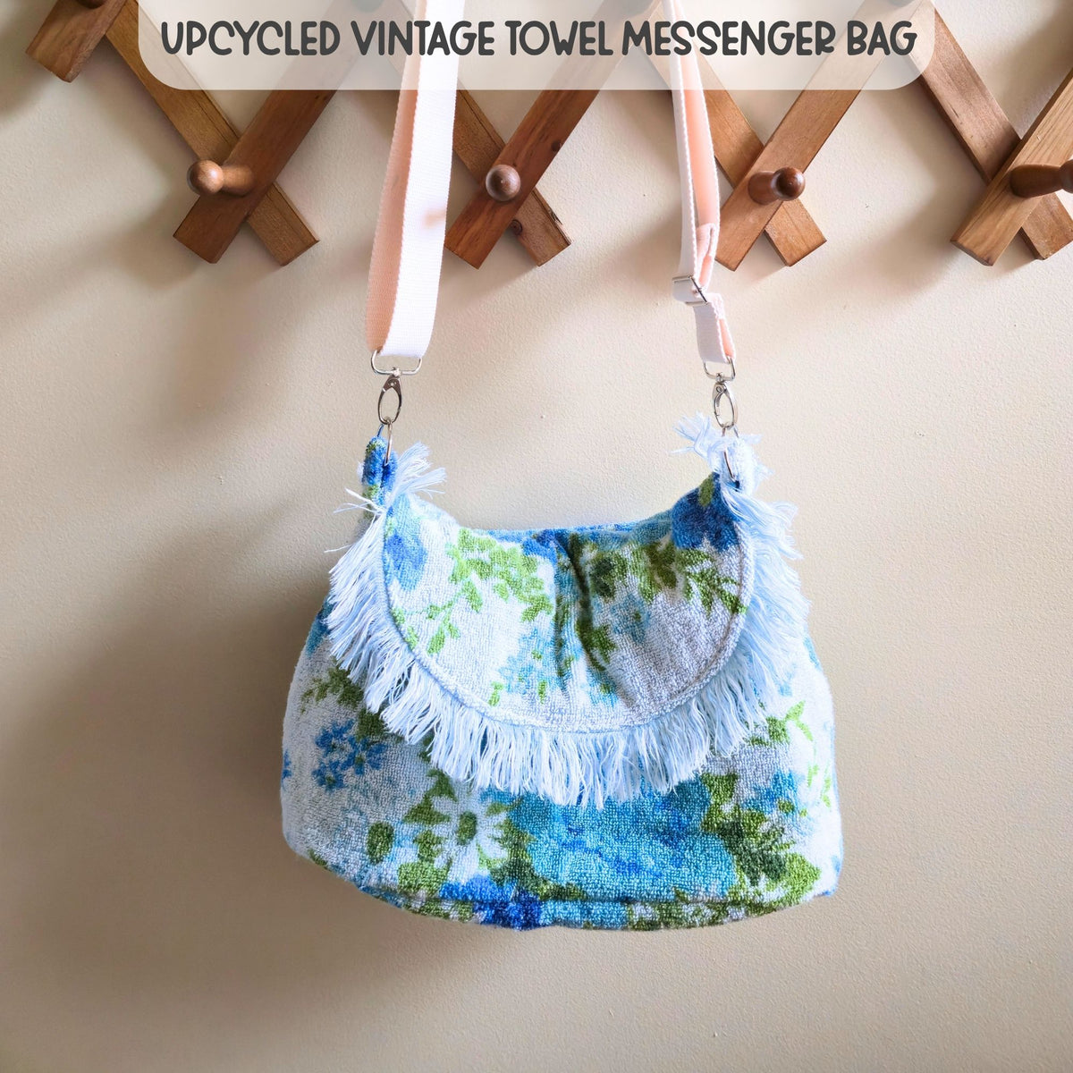 Upcycled Vintage Towel Crossbody Bag, Floral Messenger Bag, Adjustable Strap