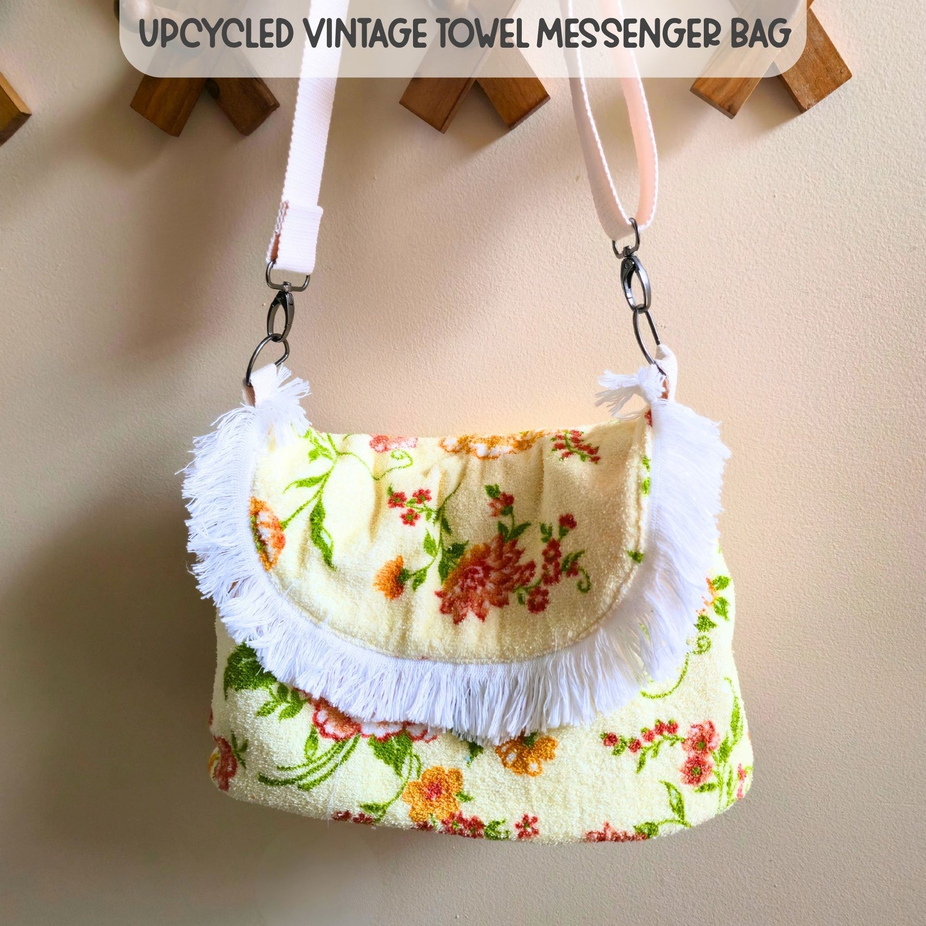 Upcycled Vintage Towel Crossbody Bag, Floral Messenger Bag, Adjustable Strap