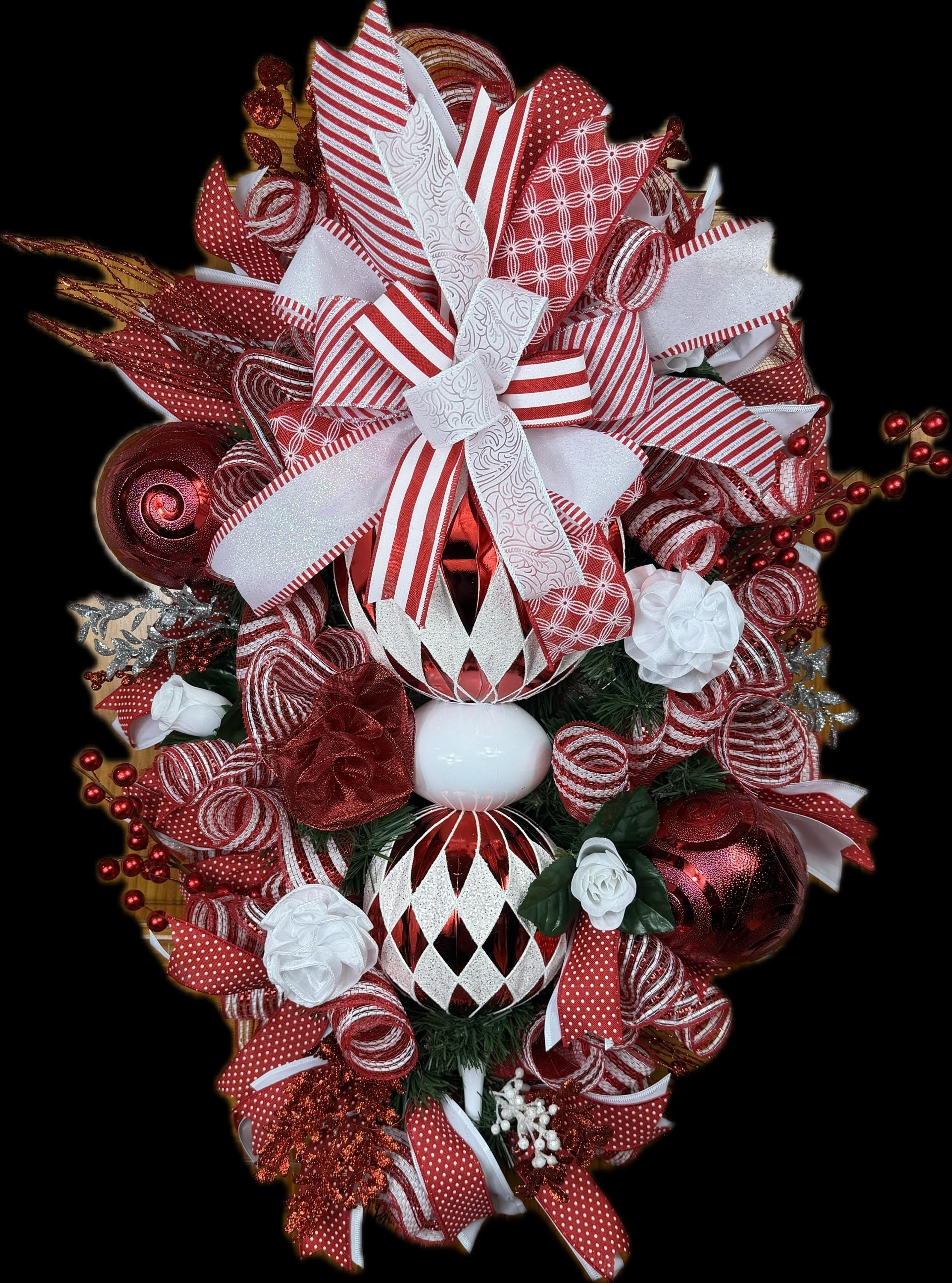 Red & White Ornament Christmas Wreath | Holiday Door Decor by Bouge Creations, view 2