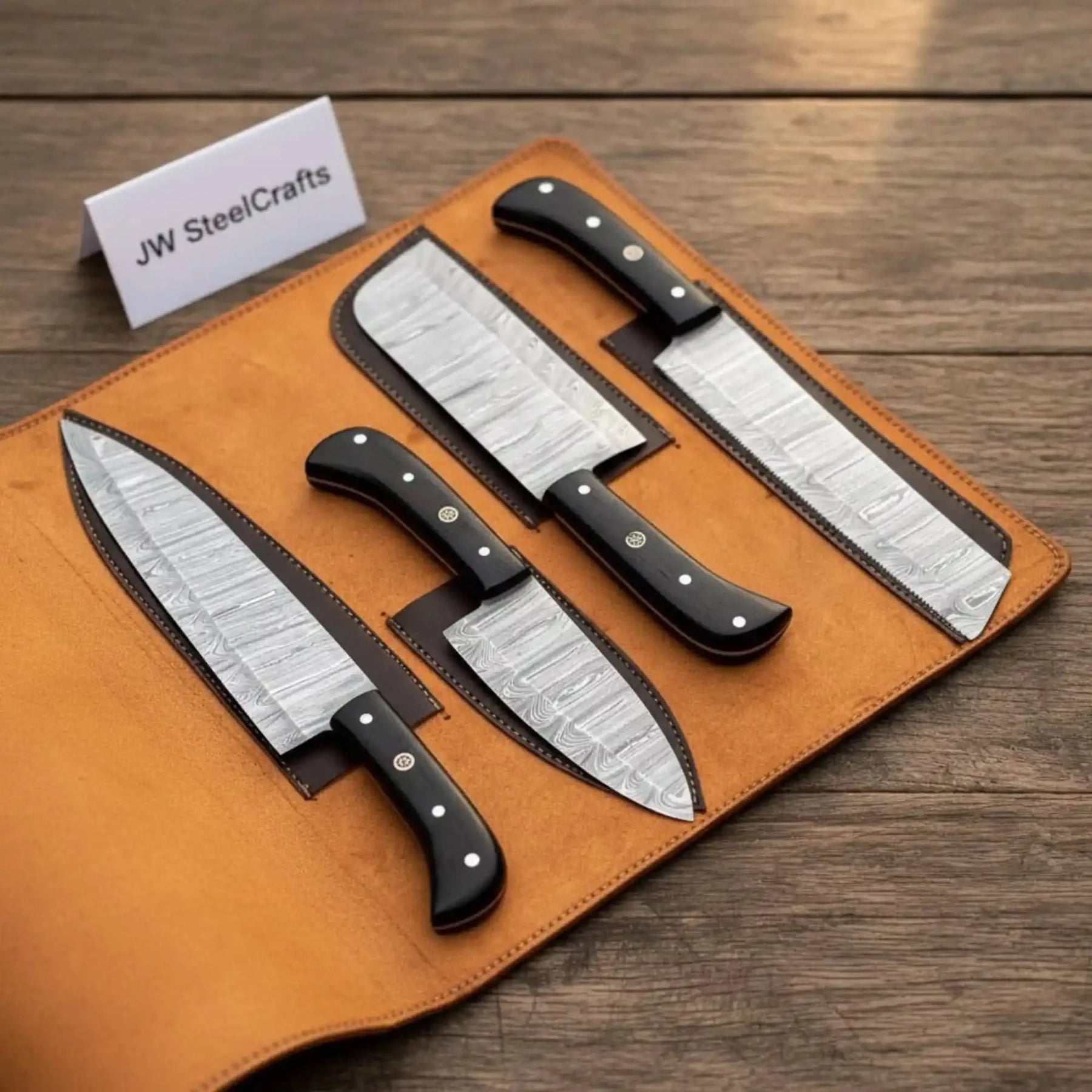 4-Piece Damascus Steel Kitchen Knife Set — Chef, Santoku, Cleaver & Utility by JW SteelCrafts, Damascus knife main product photo