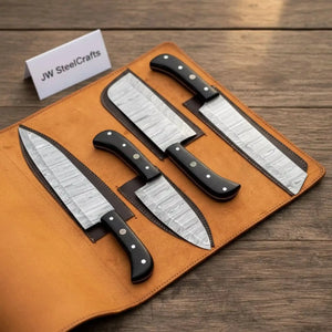 4-Piece Damascus Steel Kitchen Knife Set — Chef, Santoku, Cleaver & Utility by JW SteelCrafts, Damascus knife main product photo