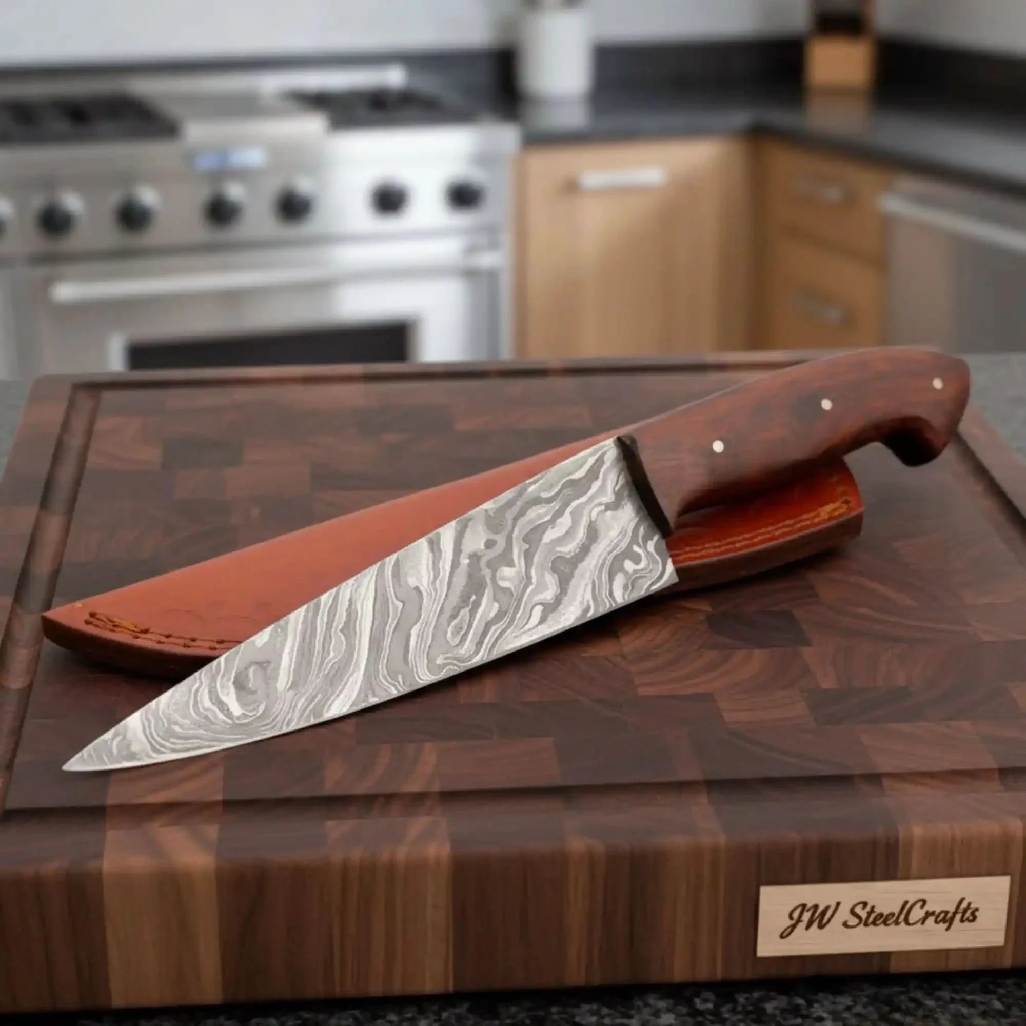 Damascus Chef Knife Set — 10" Chef Knife & 9" Utility Knife with Rosewood Handles and Leather Sheaths by JW SteelCrafts, leather knife sheath main product photo