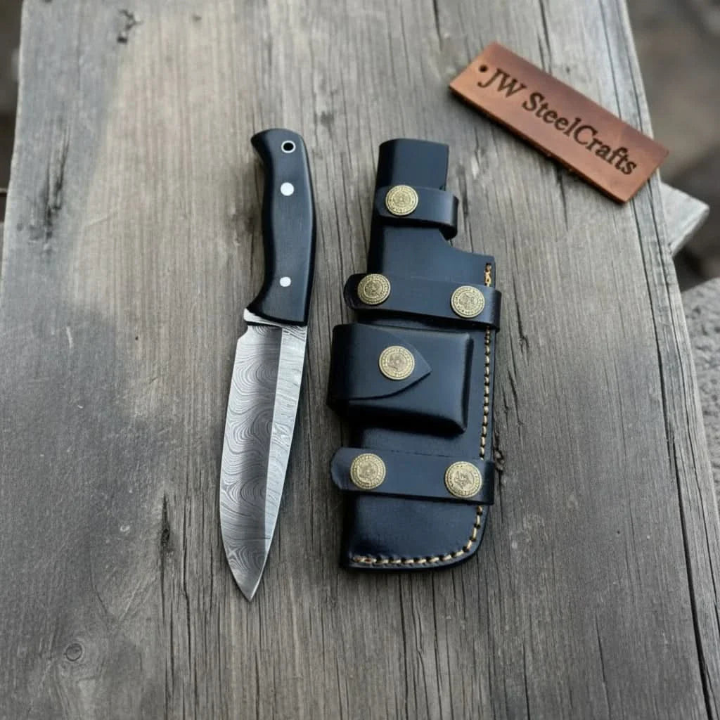 Handcrafted Hunting Knife – Walnut Wood or Black Micarta Handle | Full Tang with Leather Sheath by JW SteelCrafts, leather knife sheath detail photo 2