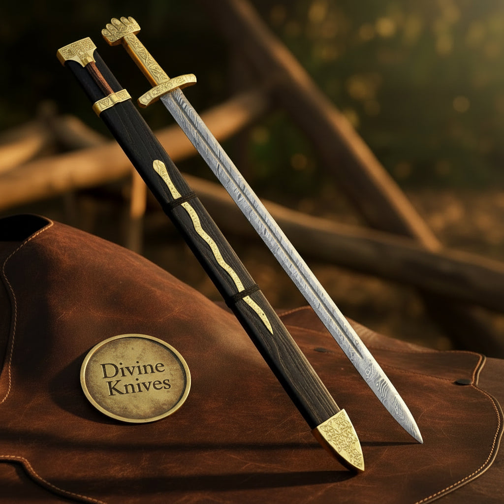 Norse Long Sword with Gold Hilt and Engraved Wood Scabbard for Display by Divine Knives