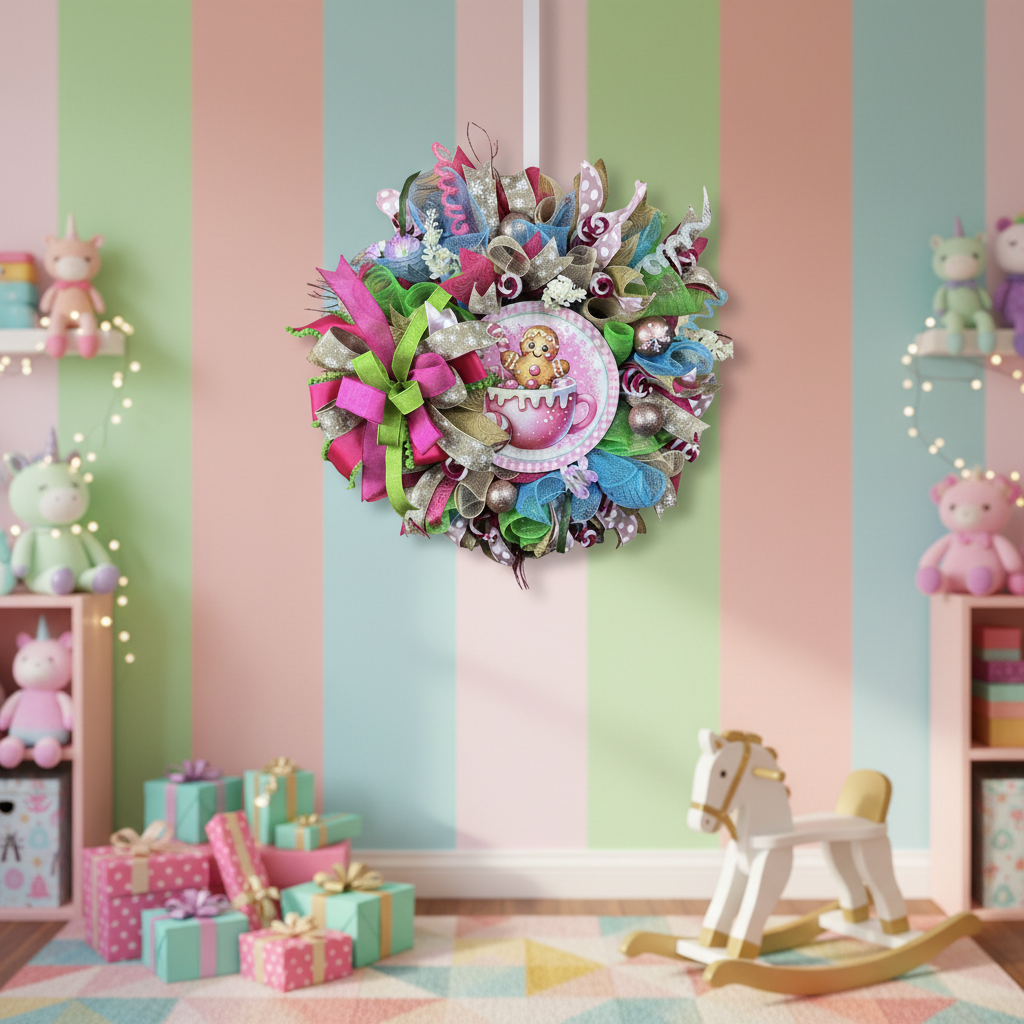 Gingerbread Hot Cocoa Christmas Wreath | Whimsical Candyland Front Door Wreath | Pink Christmas Decor | Handmade Holiday Door