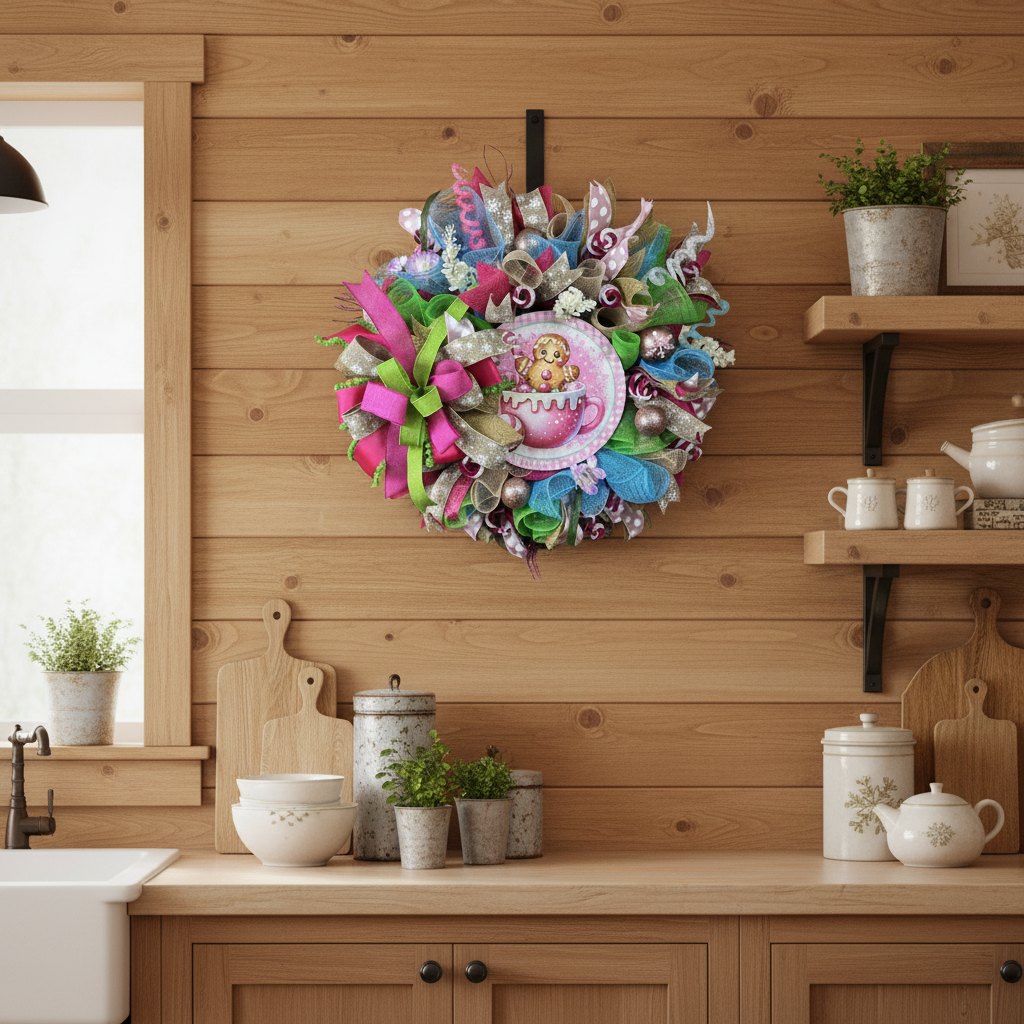 Gingerbread Hot Cocoa Christmas Wreath | Whimsical Candyland Front Door Wreath | Pink Christmas Decor | Handmade Holiday Door