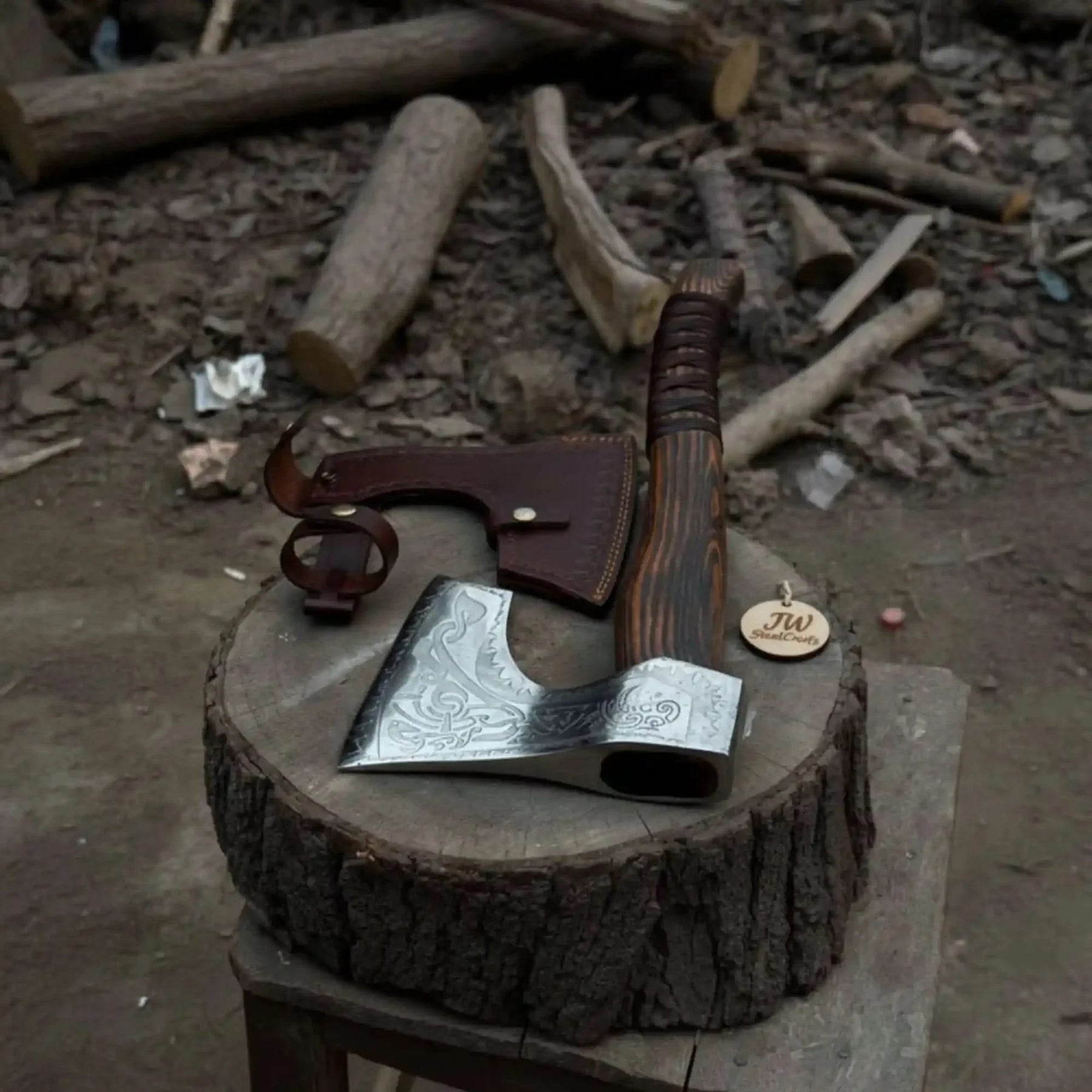 Engraved Carbon Steel Ragnar Axe with Bearded Head detail view by JW SteelCrafts