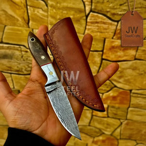 EDC Skinner Knife Damascus Steel, 6.5” Fixed Blade by JW SteelCrafts, Damascus knife main product photo