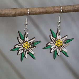Edelweiss Flower Wooden Earrings | Alpine Floral Jewelry detail view by Cate's Concepts, LLC