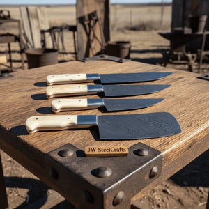 4-Piece Damascus Kitchen Knife Set — Chef, Slicer, Utility & Cleaver with White Camel Bone Handles & Steel Bolsters | JW Steel Crafts by JW SteelCrafts, Damascus knife main