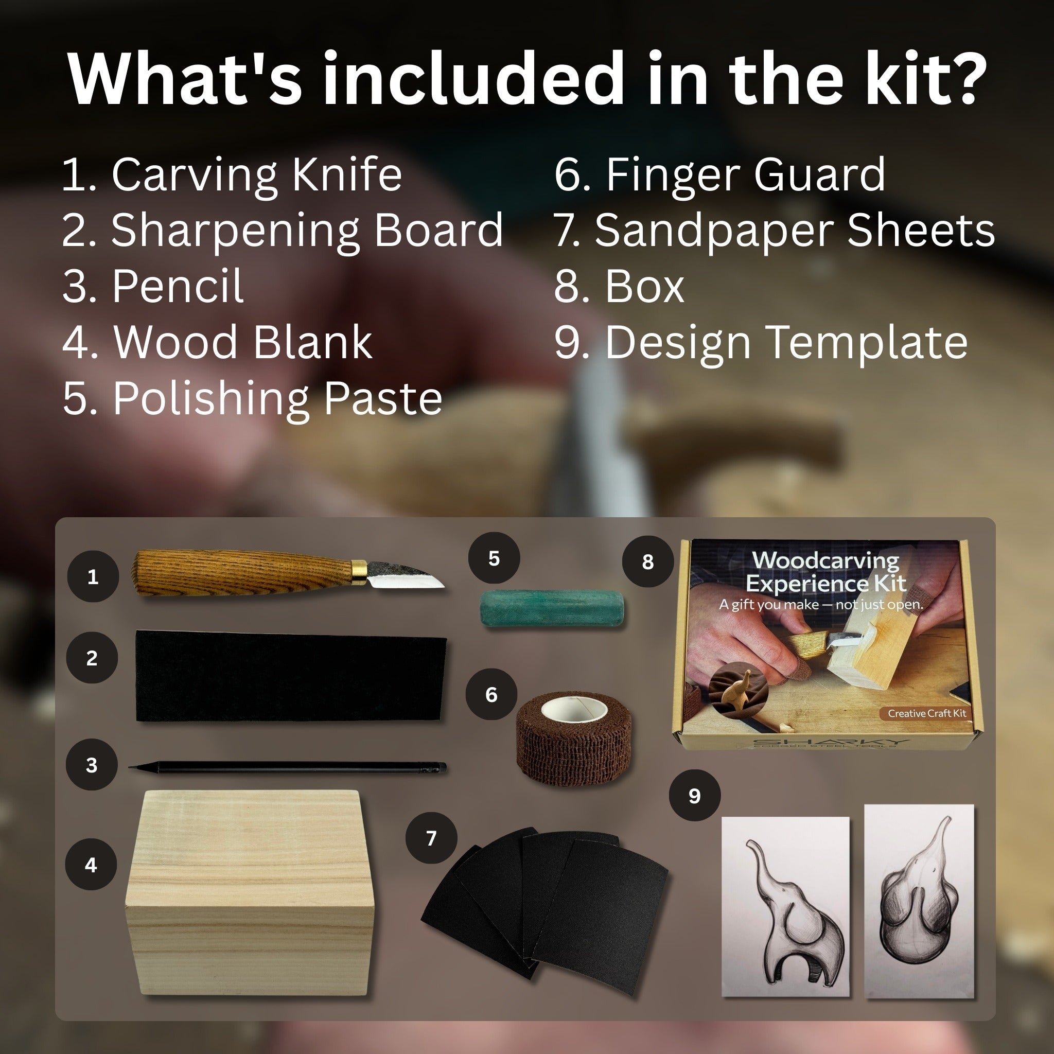 Elephant Carving Kit - Complete Starter Whittling Kit for Beginners, Adults, Teens, and Kids detail view by Sharky Forged