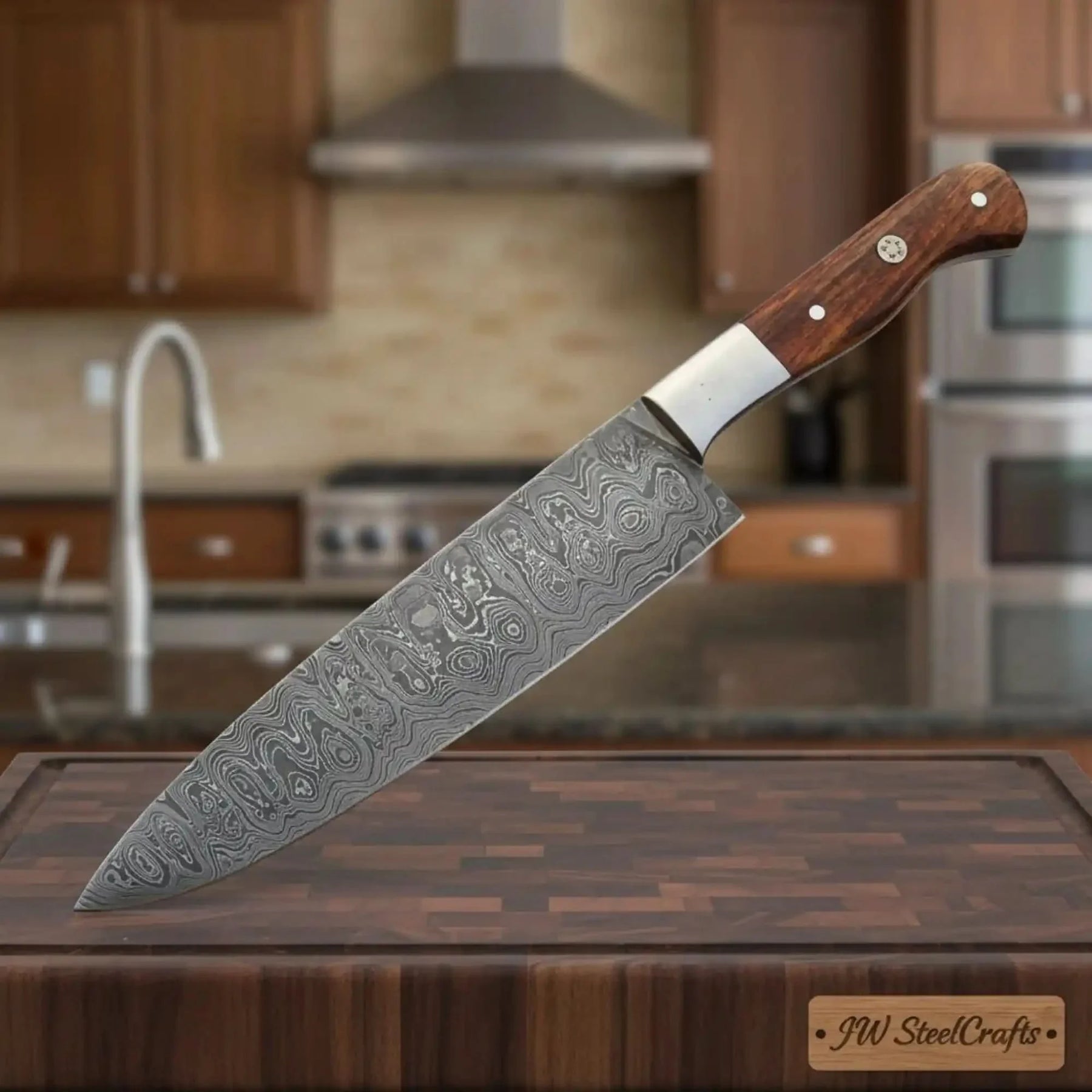 Hammer-Forged 8” Ladder Pattern Damascus Kiritsuke Knife – Rosewood Handle, Steel Bolster, Mosaic Pin by JW SteelCrafts, Damascus knife main product photo