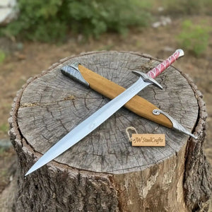 Handmade Fantasy Short Sword with Reddish Wood Grip and Wooden Sheath by JW SteelCrafts, leather knife sheath main product photo