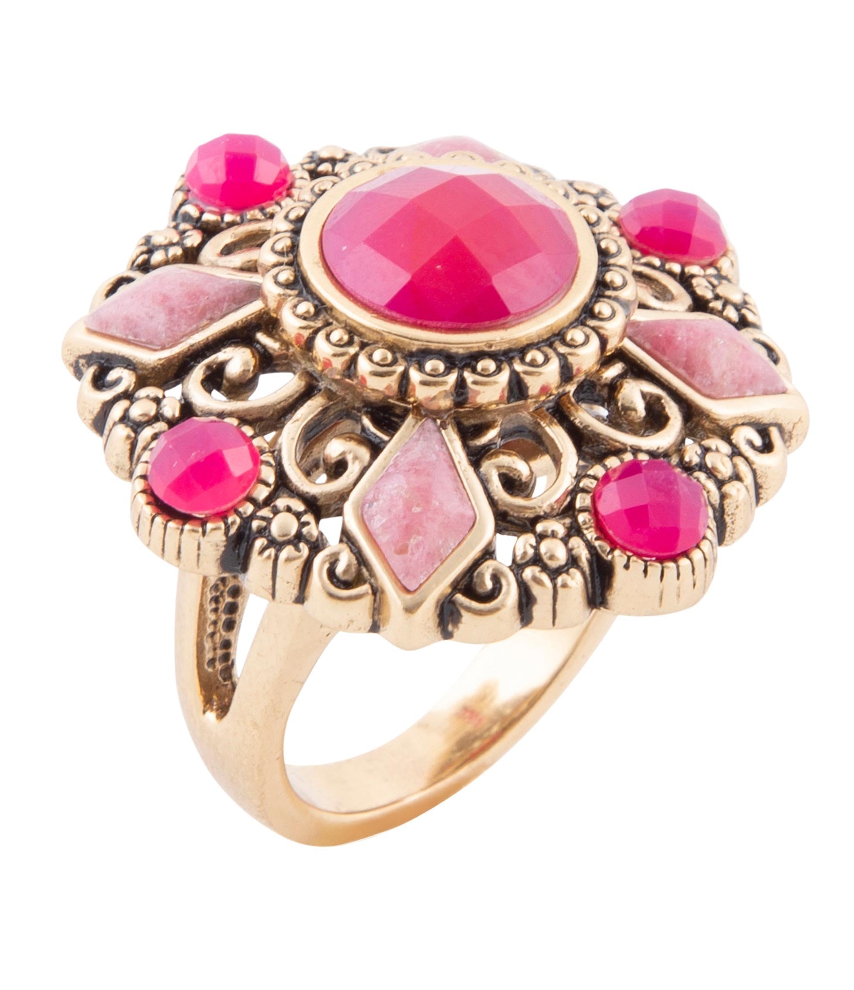 Embellished Pink Quartz Golden Statement Ring by Barse Jewelry
