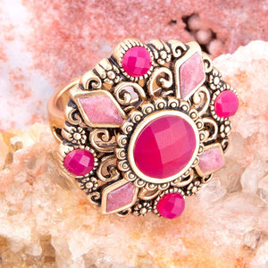 Embellished Pink Quartz Golden Statement Ring detail view by Barse Jewelry