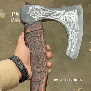Hand-Engraved Viking Bearded Axe with Carved Hardwood Handle – Damascus Steel Blade | JW SteelCrafts by JW SteelCrafts, Southern lifestyle apparel main product photo