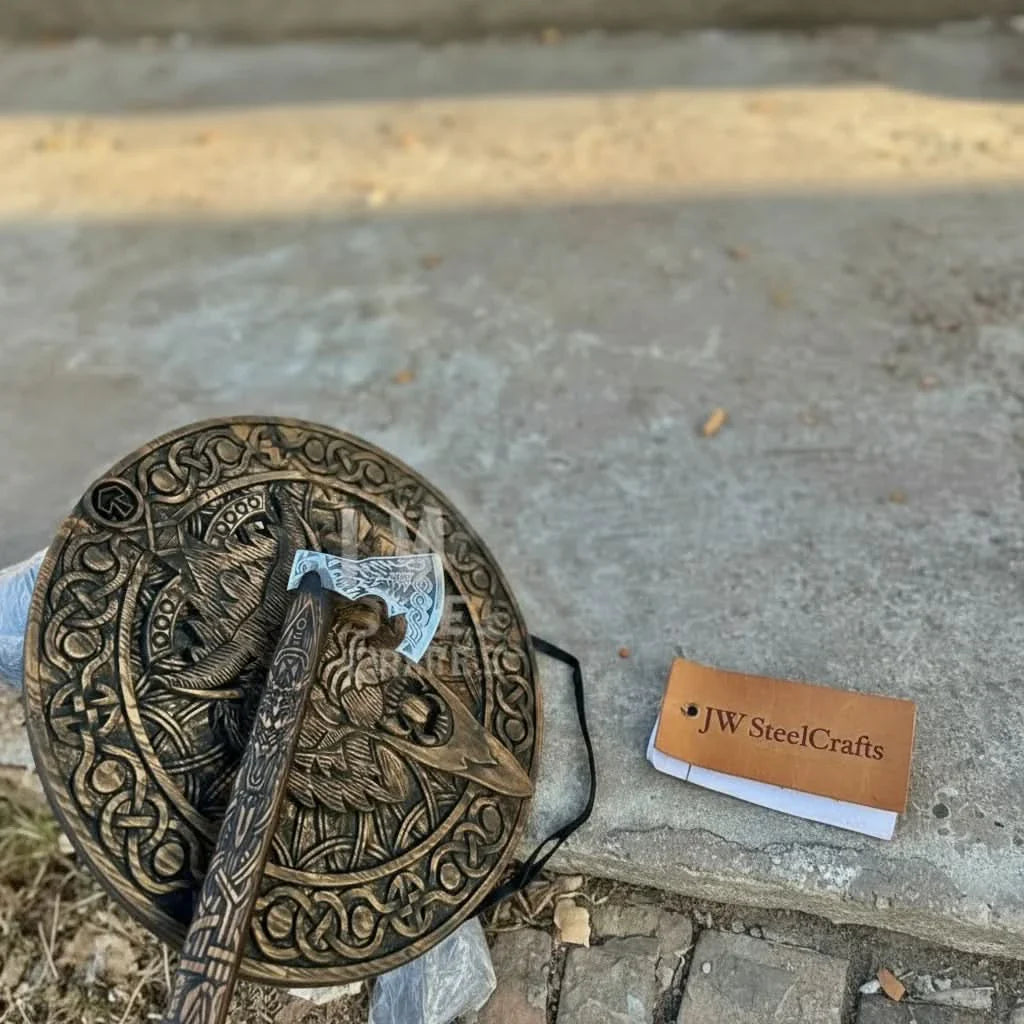 Handcrafted Viking Shield and Engraved Axe Set with Raven Motif and Norse Knotwork by JW SteelCrafts, handmade axe detail photo 4