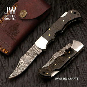 Handmade Damascus Folding Knife with Ram Horn or American Flag Handle by JW SteelCrafts, Damascus knife detail photo 2