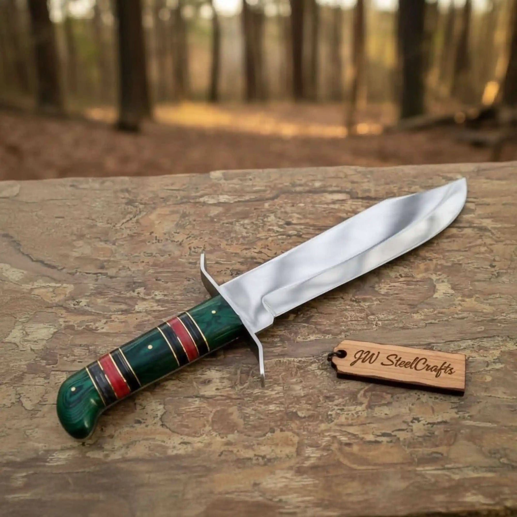 Sheffield Clip Point Bowie Knife with Carbon Steel Blade and Pakka Wood Handle by JW SteelCrafts, Damascus knife main product photo